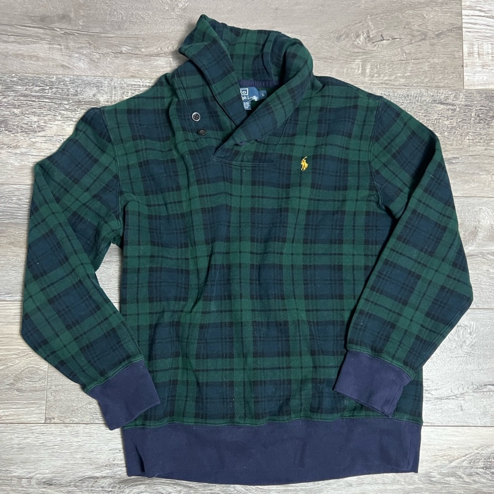 POLO RALPH LAUREN Men's Blackwatch Tartan Fleece Shawl Sweatshirt Sz L